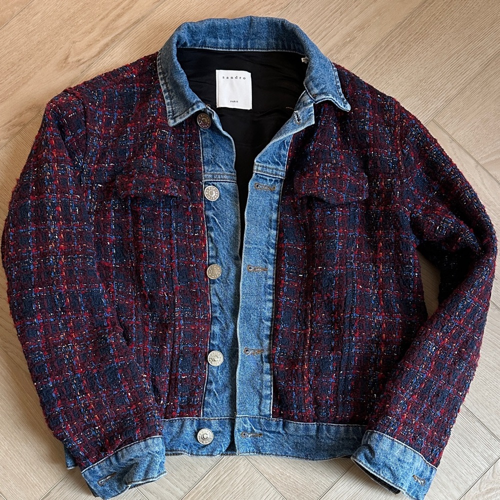 Sandro Denim and Tweed Jacket - Red and Blue